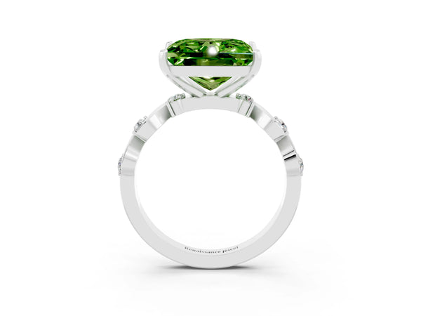 Silver Princess Cut Peridot Solitaire Twisted Band with Round  Accents and Prong Setting