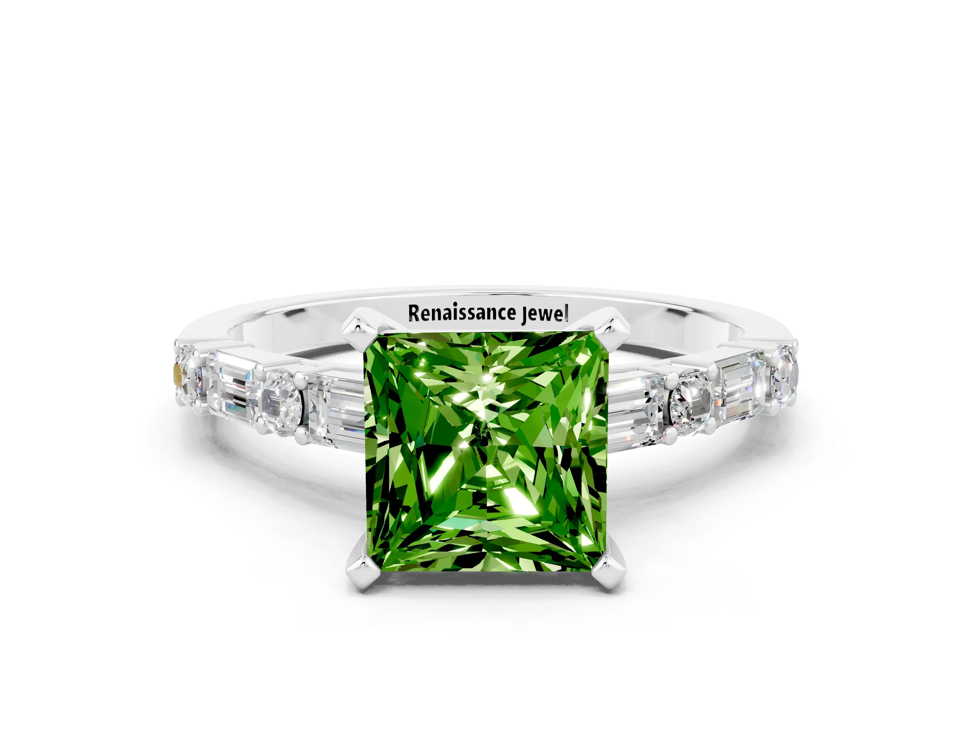 White gold Princess Cut Peridot Solitaire with Side Baguettes and Channel Set Band
