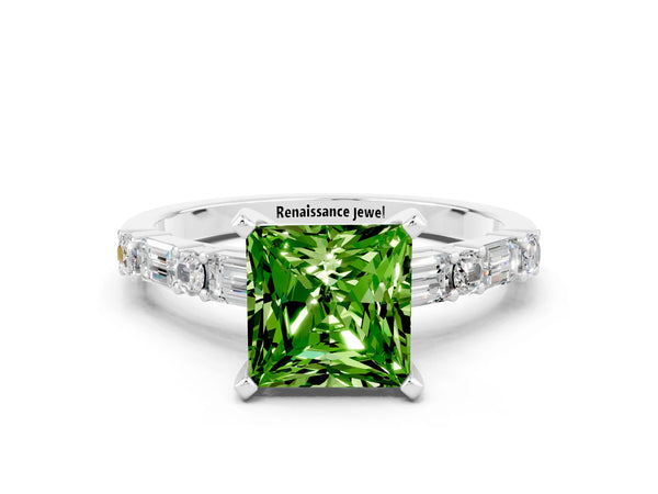 Platinum Princess Cut Peridot Solitaire with Side Baguettes and Channel Set Band