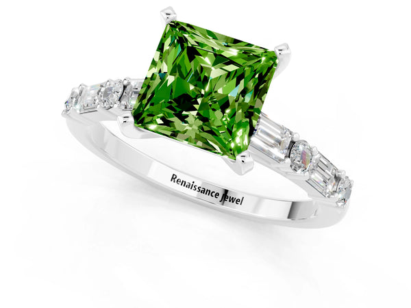 White gold Princess Cut Peridot Solitaire with Side Baguettes and Channel Set Band