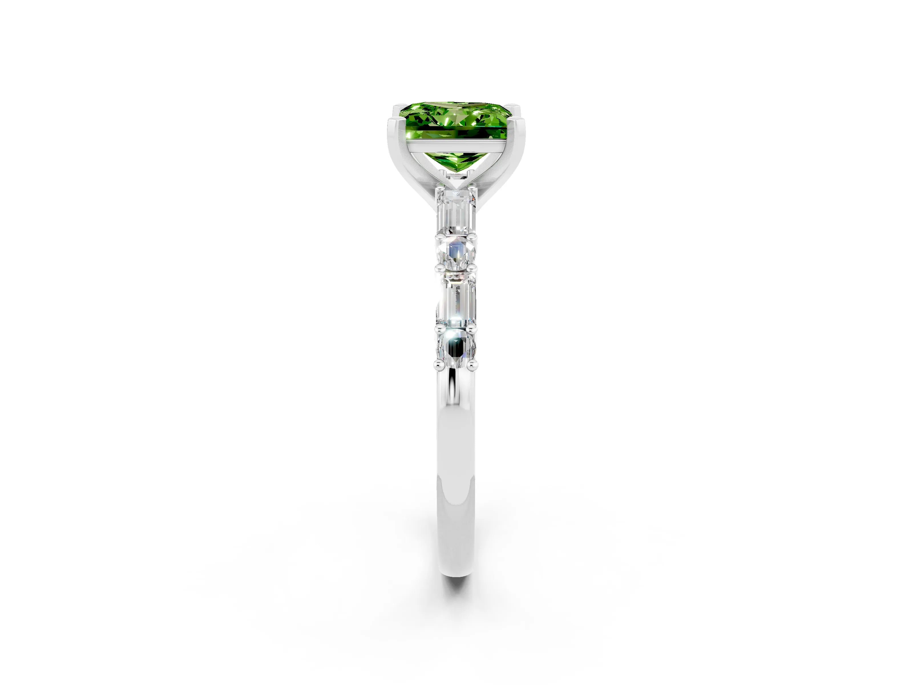 White gold Princess Cut Peridot Solitaire with Side Baguettes and Channel Set Band_2