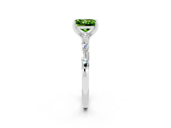 White gold Princess Cut Peridot Solitaire with Side Baguettes and Channel Set Band