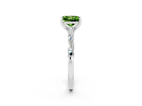 White gold Princess Cut Peridot Solitaire with Side Baguettes and Channel Set Band_2