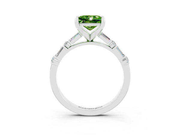 Platinum Princess Cut Peridot Solitaire with Side Baguettes and Channel Set Band