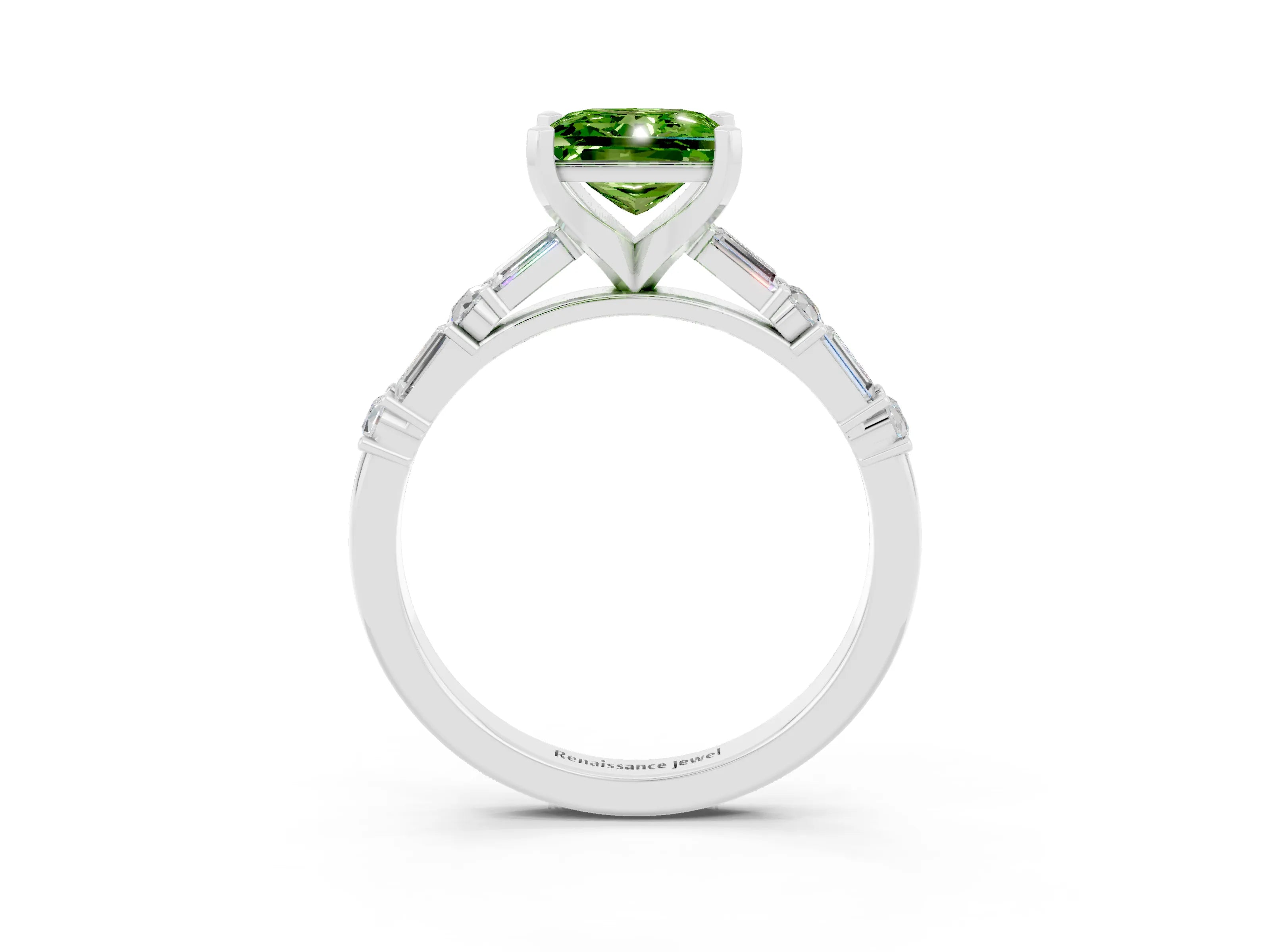 White gold Princess Cut Peridot Solitaire with Side Baguettes and Channel Set Band_3