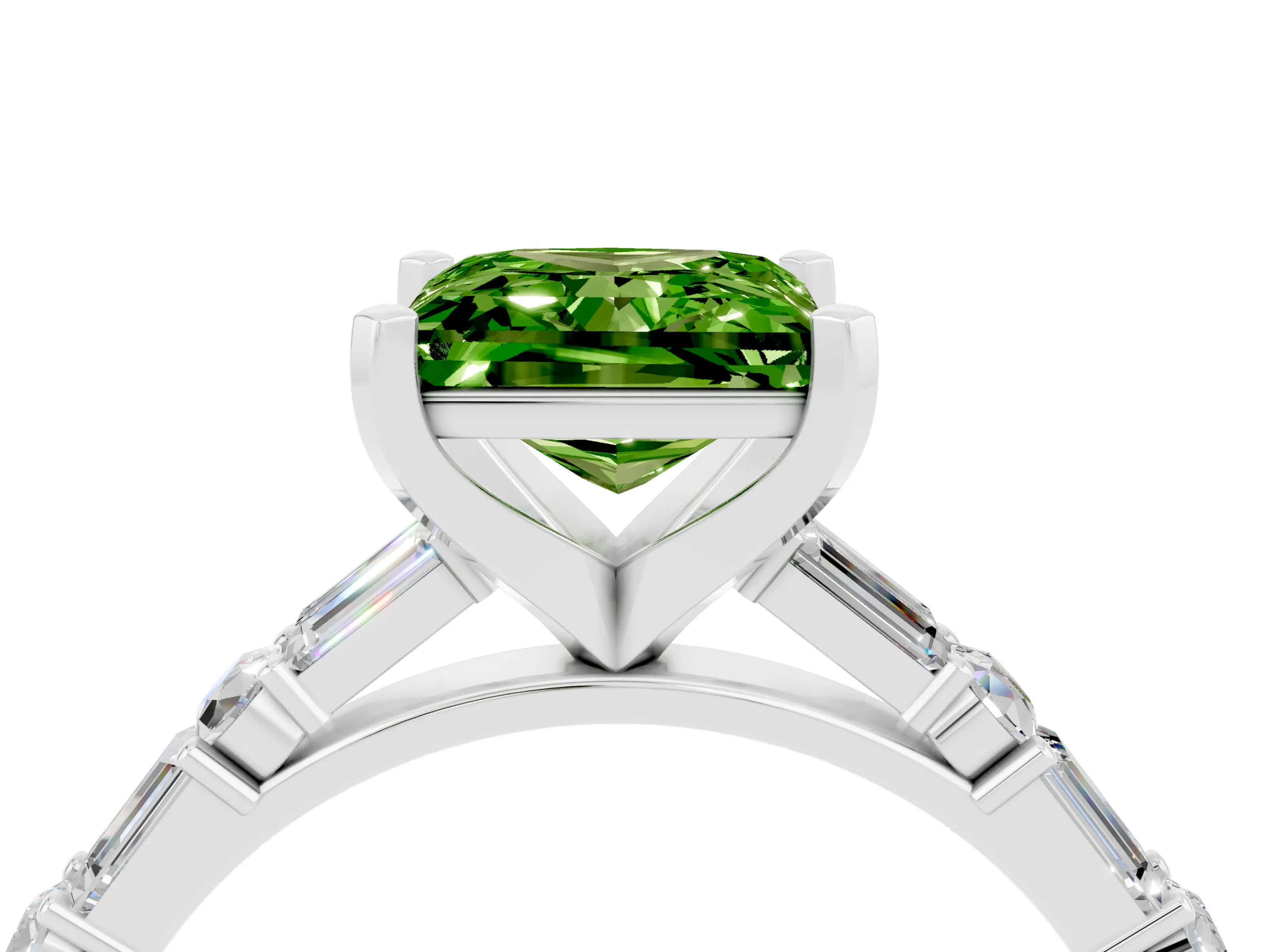 White gold Princess Cut Peridot Solitaire with Side Baguettes and Channel Set Band_4