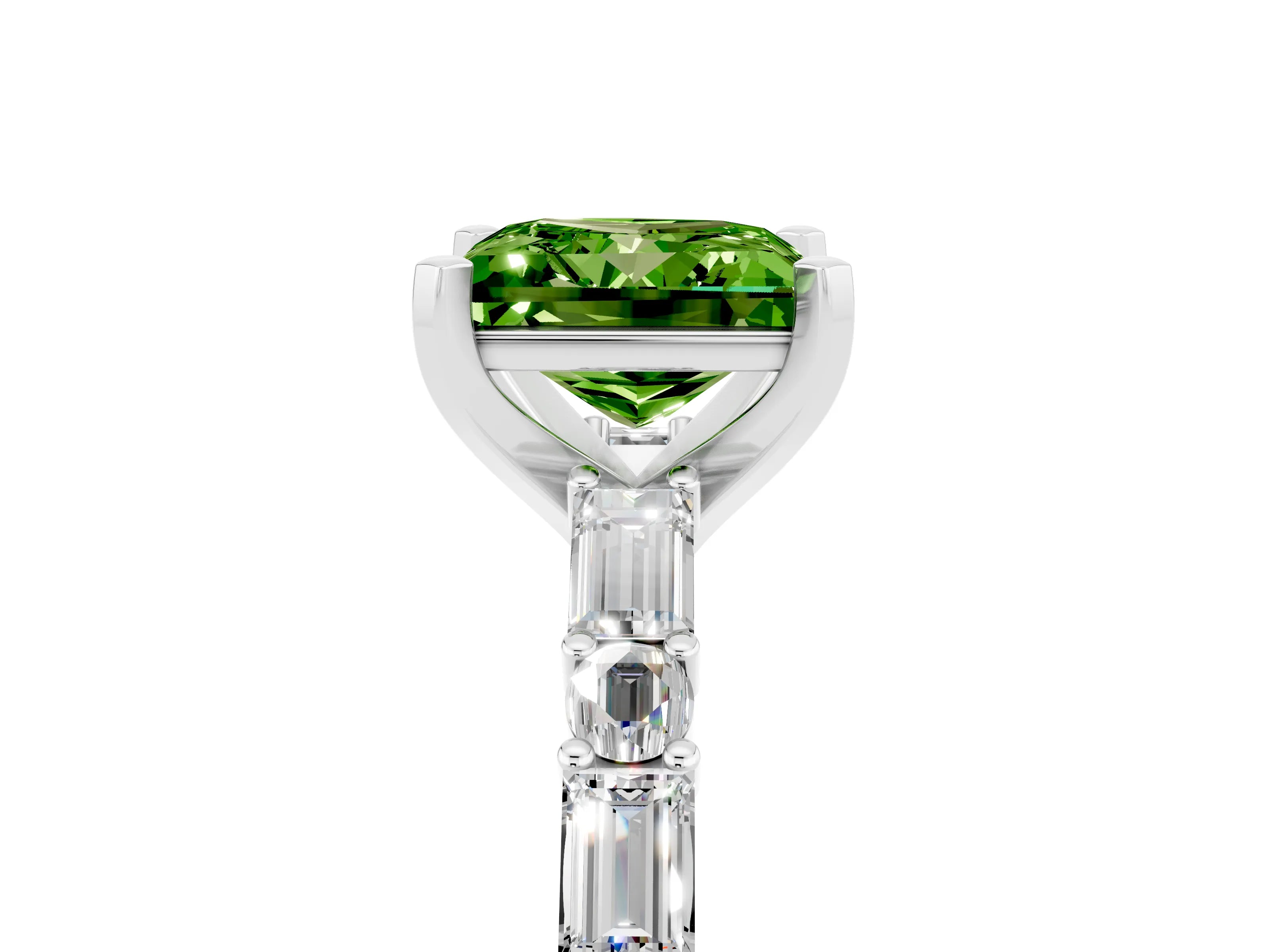 White gold Princess Cut Peridot Solitaire with Side Baguettes and Channel Set Band_5