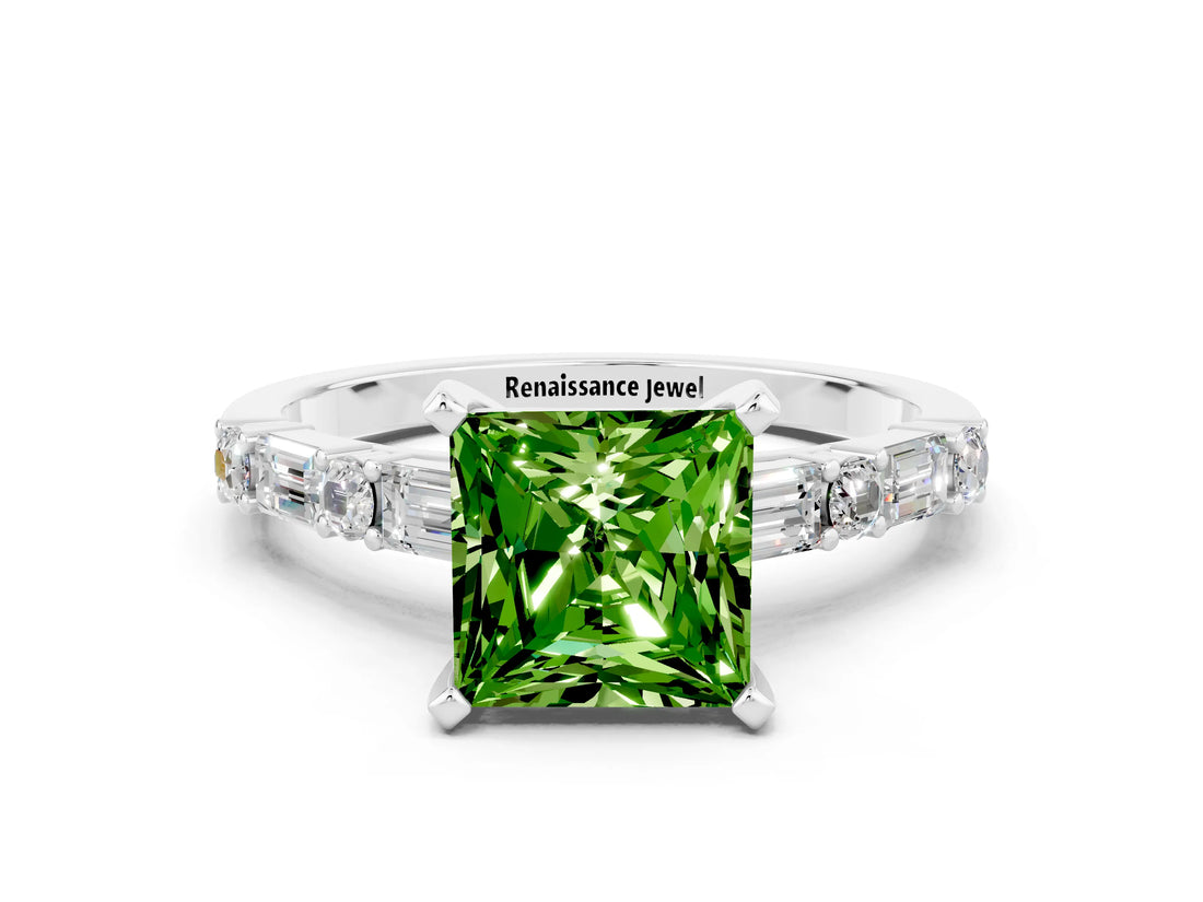 White gold Princess Cut Peridot Solitaire with Side Baguettes and Channel Set Band