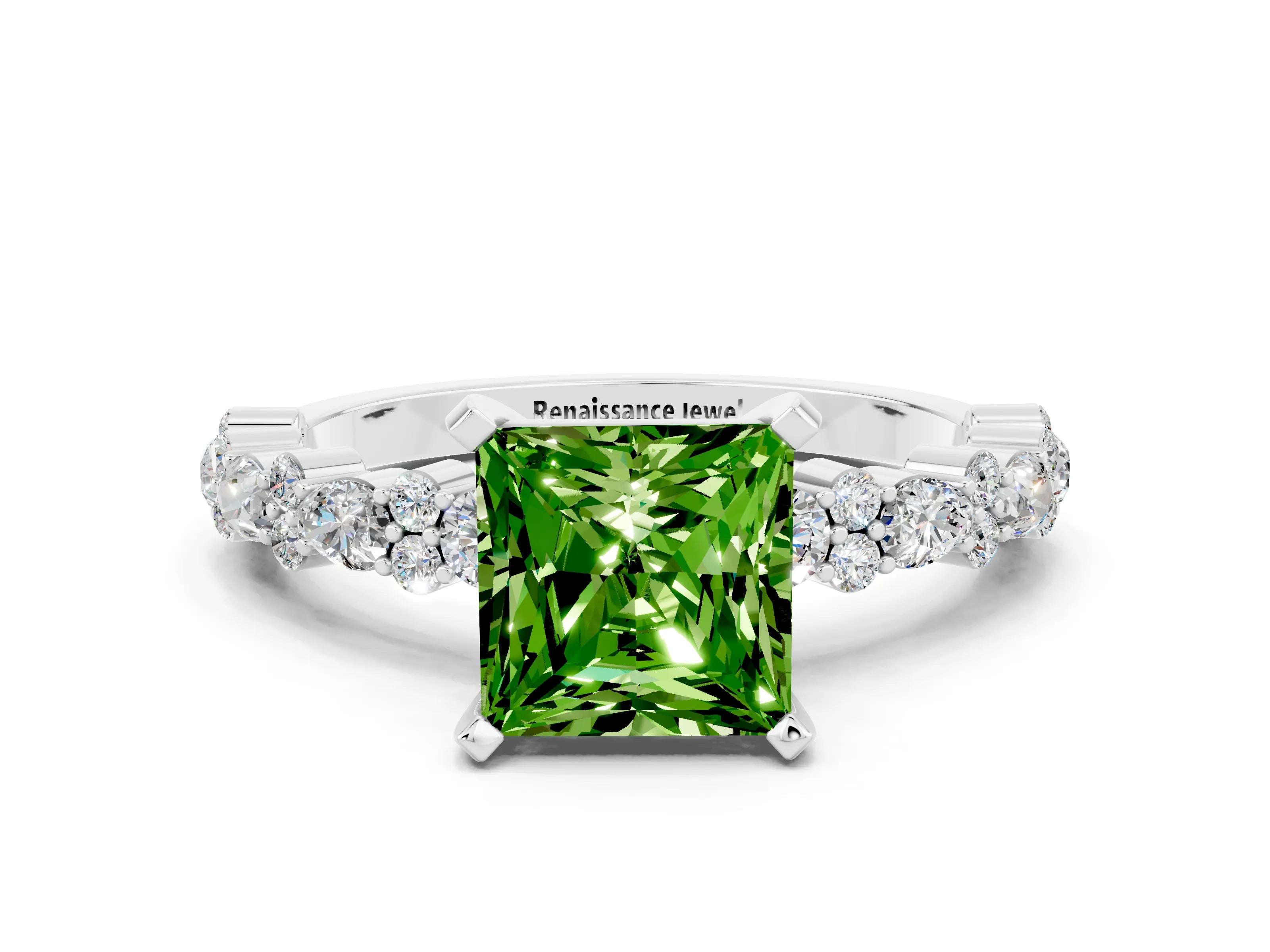 White gold Princess Cut Peridot Solitaire with Side Stones, Pave Band, Four-Prong Setting_36