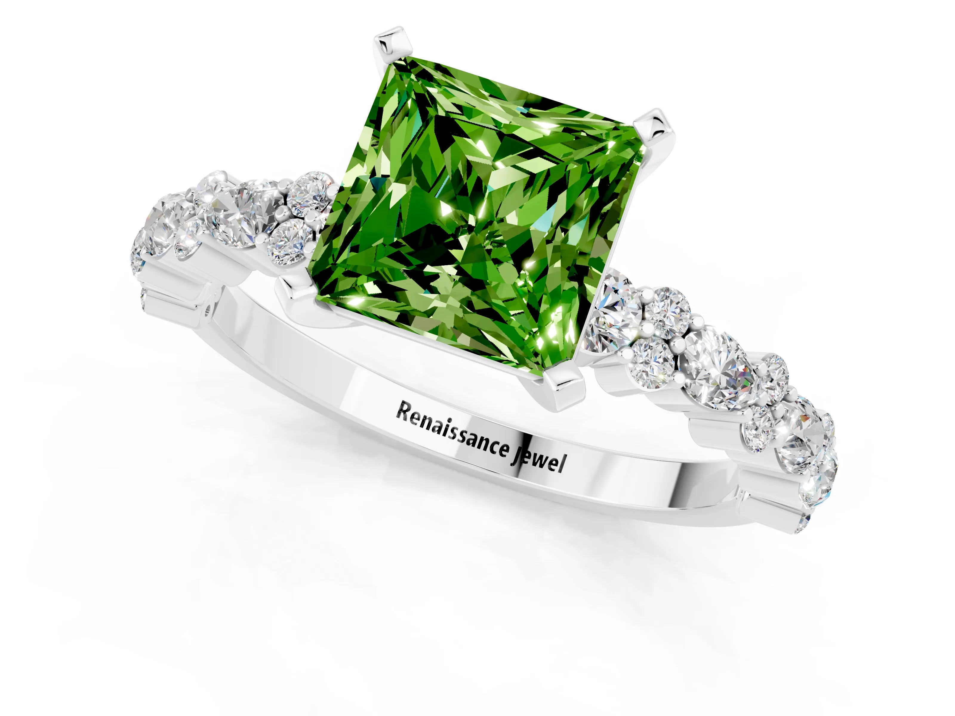 White gold Princess Cut Peridot Solitaire with Side Stones, Pave Band, Four-Prong Setting_37