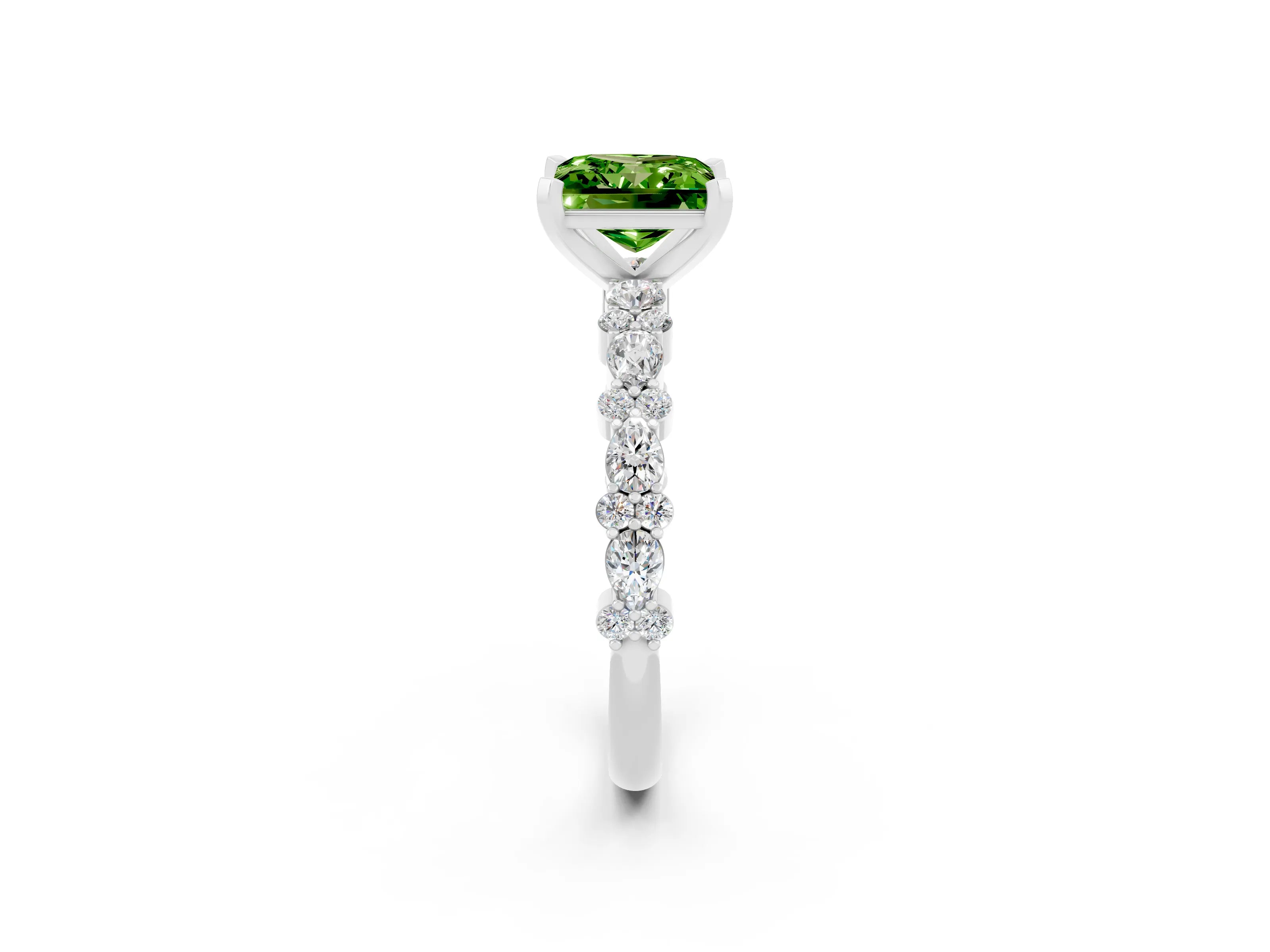 White gold Princess Cut Peridot Solitaire with Side Stones, Pave Band, Four-Prong Setting_38