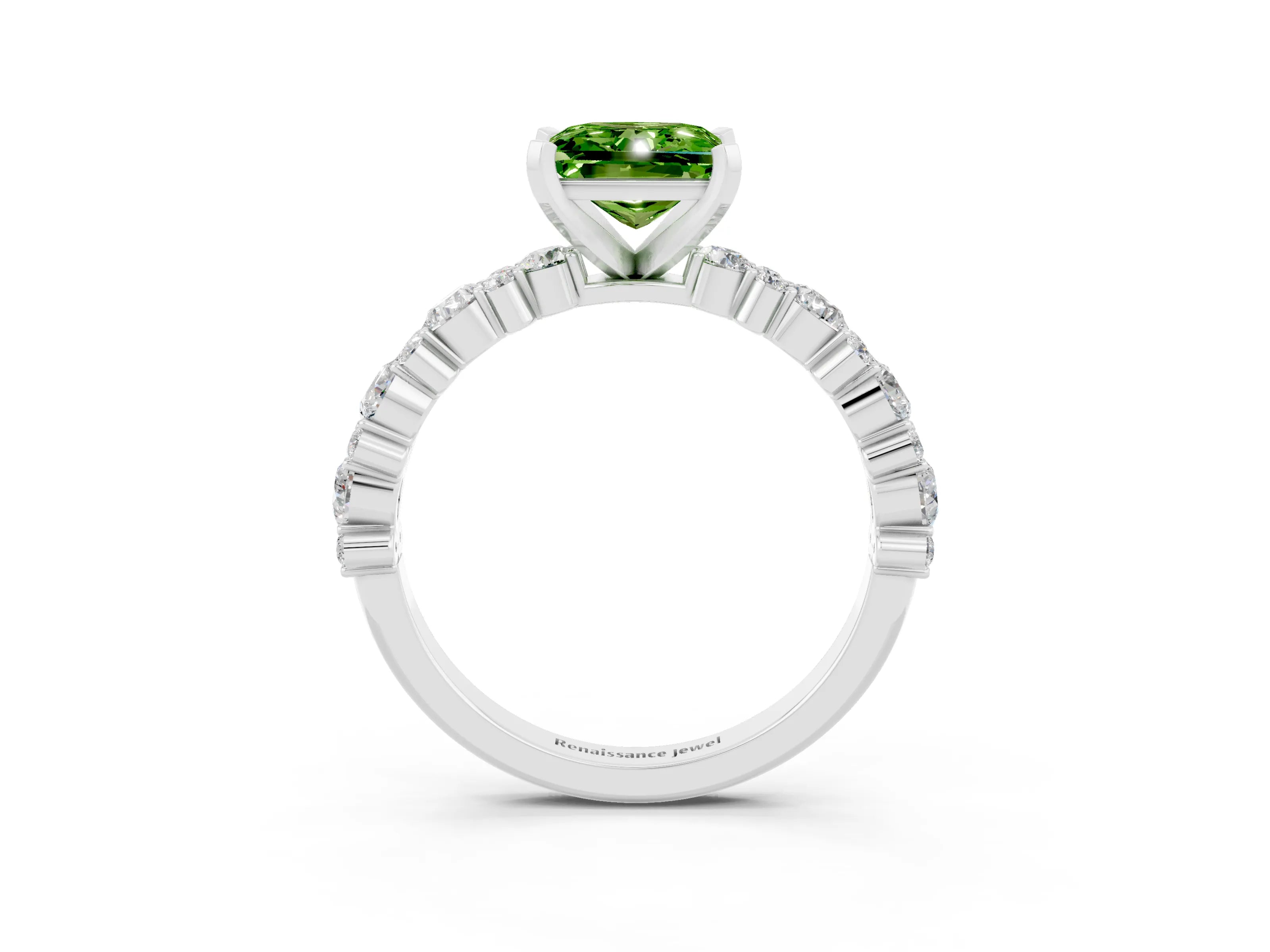White gold Princess Cut Peridot Solitaire with Side Stones, Pave Band, Four-Prong Setting_39