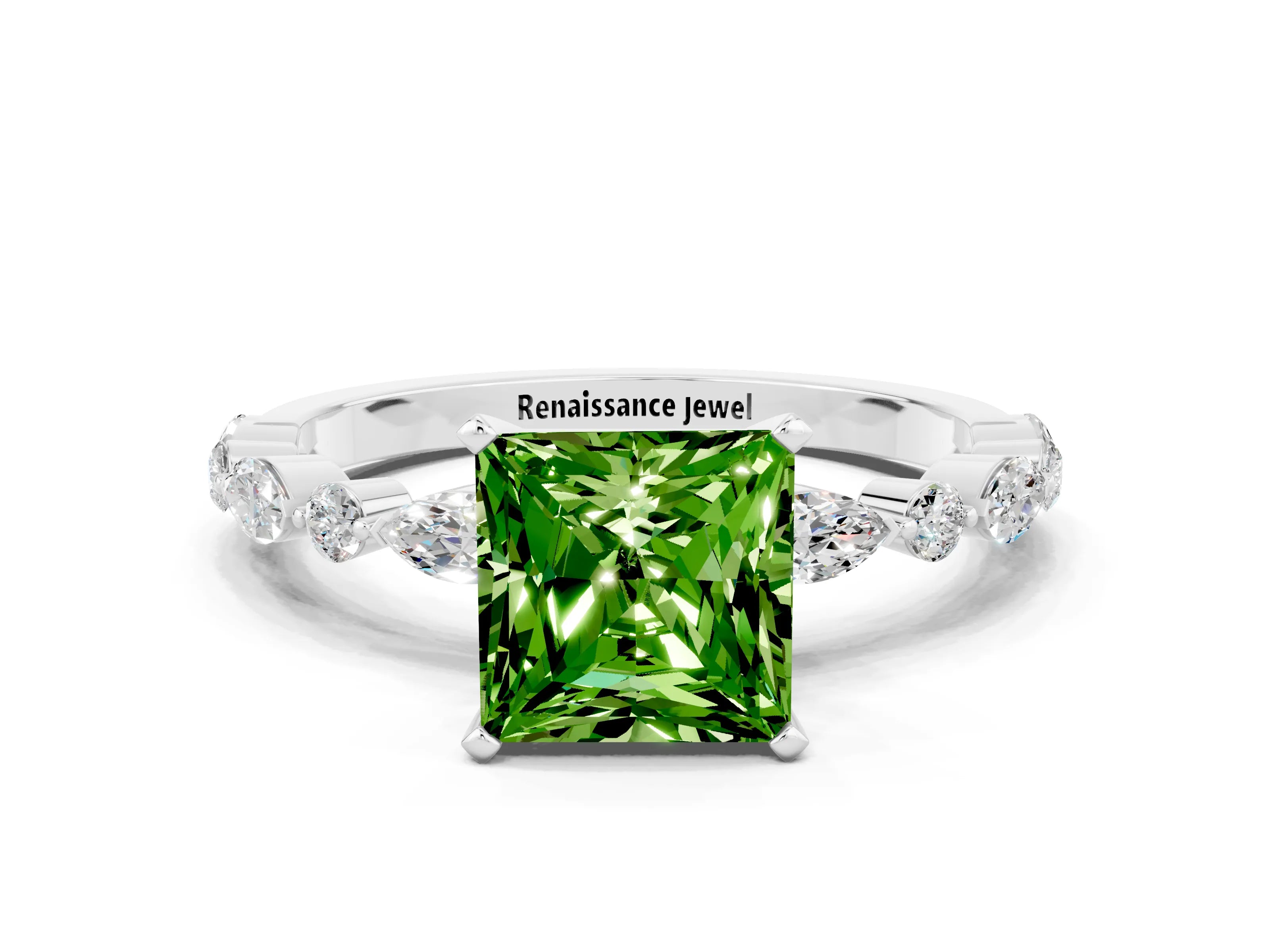 White gold Princess Cut Peridot Solitaire with Side Stones on a Pavé Band and Four-Prong Setting