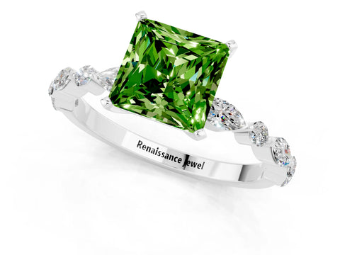 White gold Princess Cut Peridot Solitaire with Side Stones on a Pavé Band and Four-Prong Setting_1