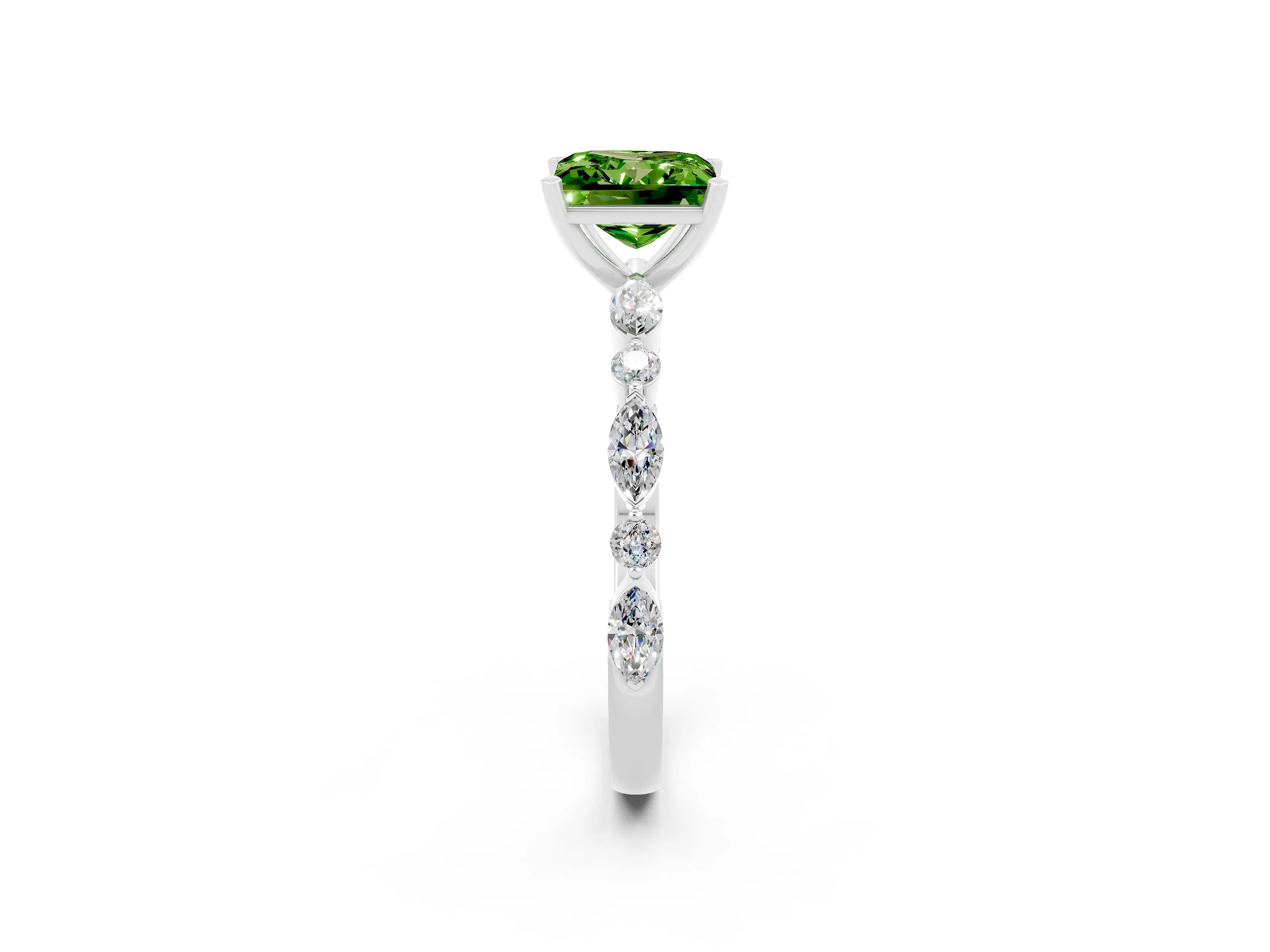 White gold Princess Cut Peridot Solitaire with Side Stones on a Pavé Band and Four-Prong Setting_2