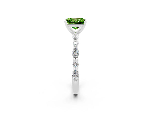 Platinum Princess Cut Peridot Ring with Marquise and Round  Side Stones and Four-Prong Setting