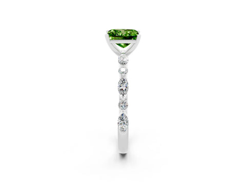 White gold Princess Cut Peridot Solitaire with Side Stones on a Pavé Band and Four-Prong Setting_2