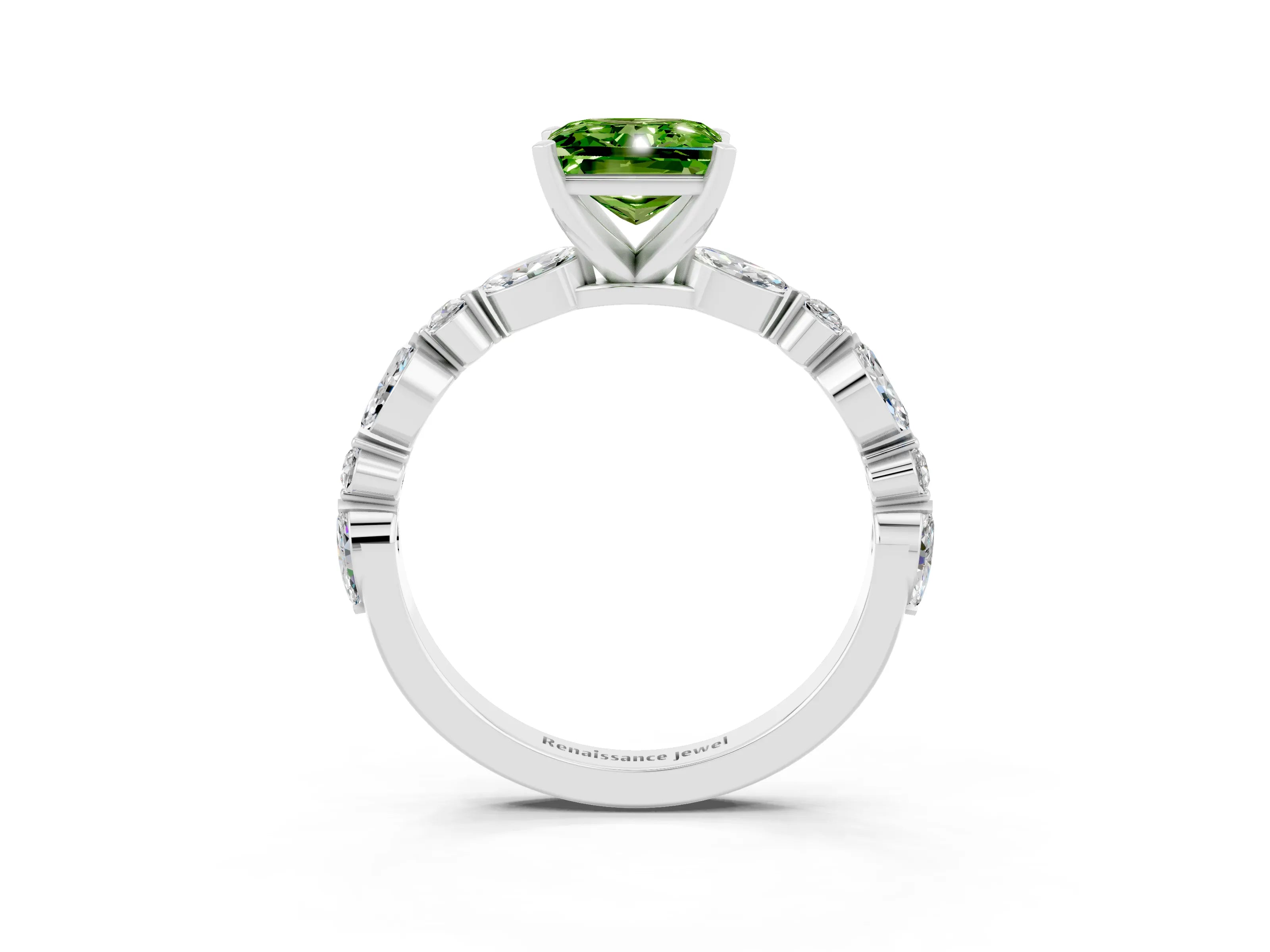 White gold Princess Cut Peridot Solitaire with Side Stones on a Pavé Band and Four-Prong Setting_3