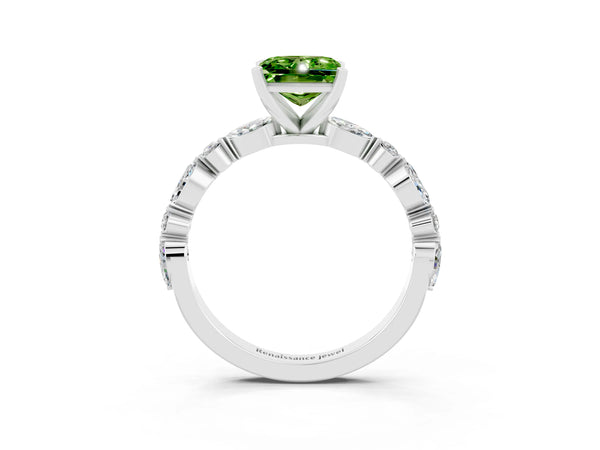 Silver Princess Cut Peridot Ring with Marquise and Round  Side Stones and Four-Prong Setting