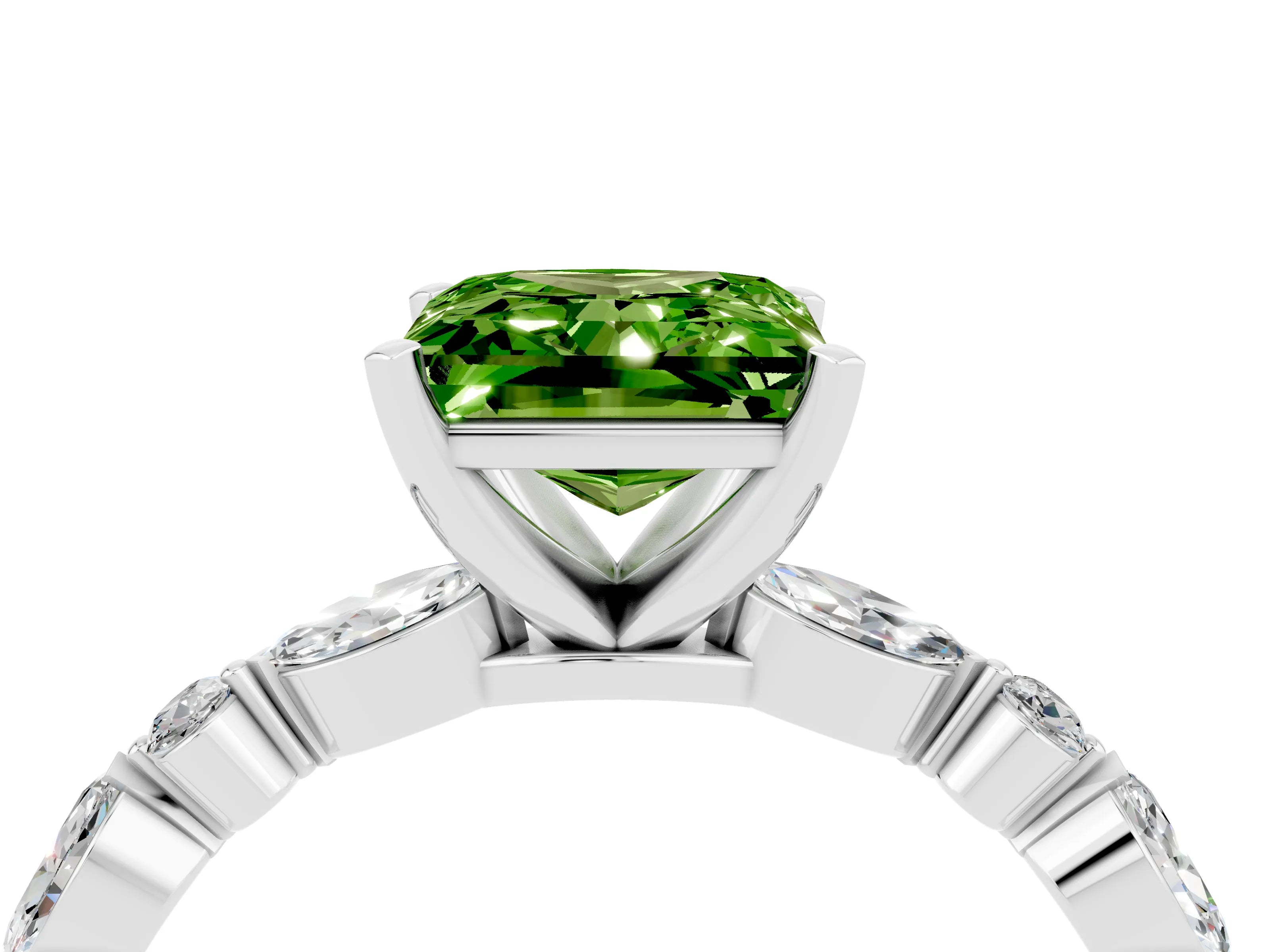 White gold Princess Cut Peridot Solitaire with Side Stones on a Pavé Band and Four-Prong Setting_4