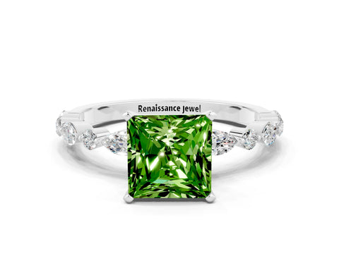 White gold Princess Cut Peridot Solitaire with Side Stones on a Pavé Band and Four-Prong Setting