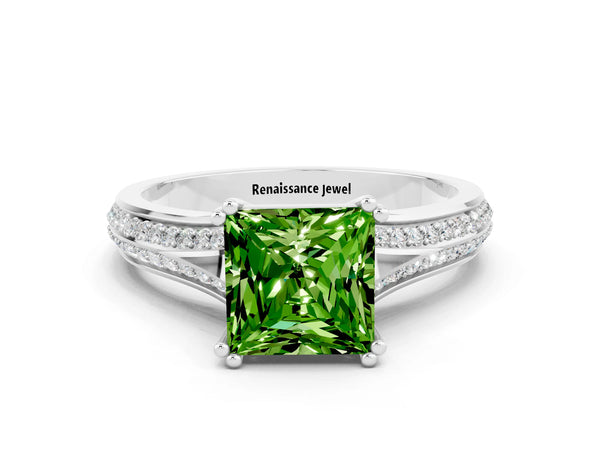 Platinum Princess Cut Peridot Split Shank Engagement Ring with Pavé Band