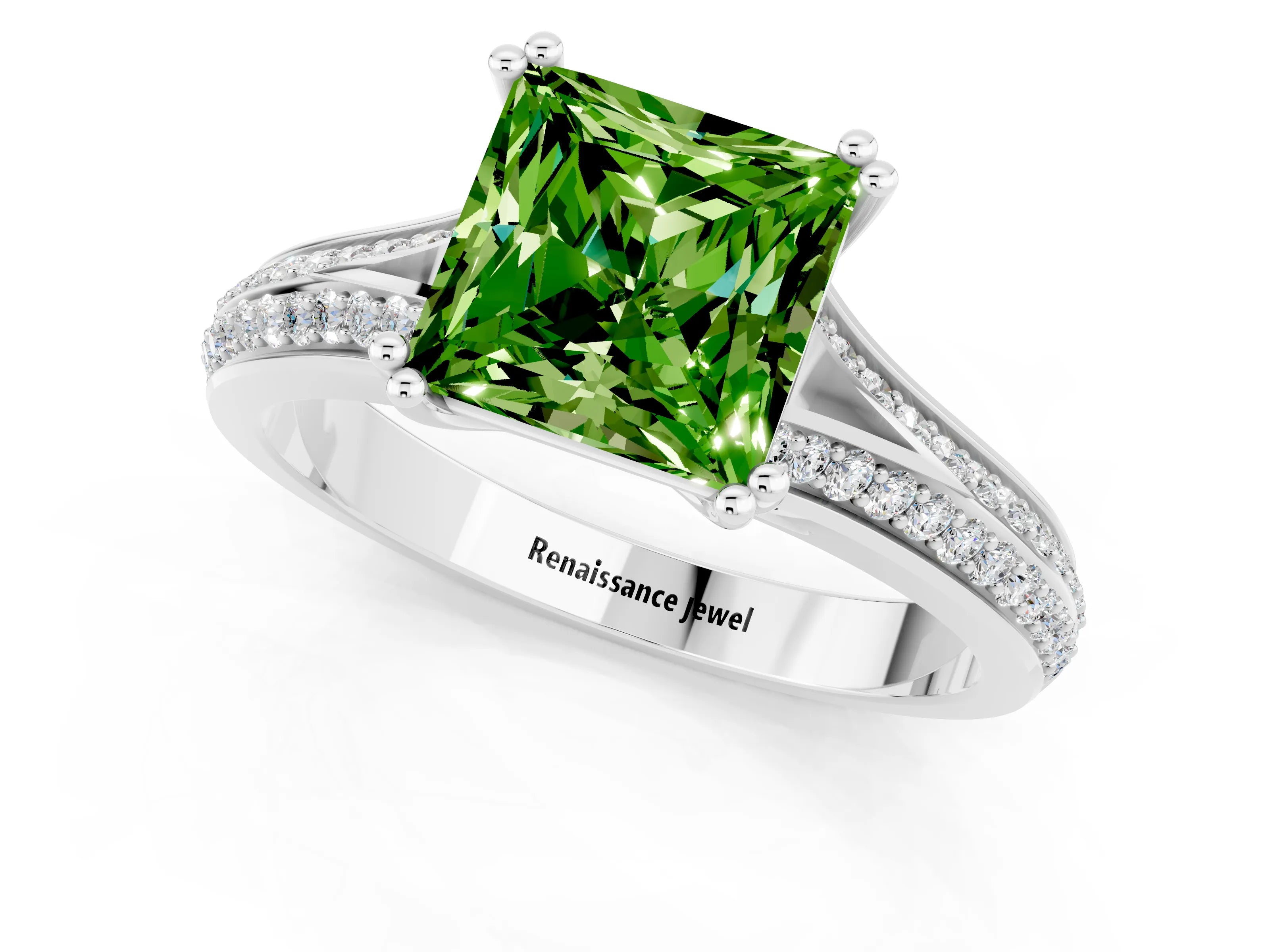White gold Princess Cut Peridot Split Shank Engagement Ring with Pavé Band_1