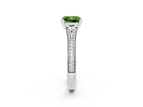 White gold Princess Cut Peridot Split Shank Engagement Ring with Pavé Band