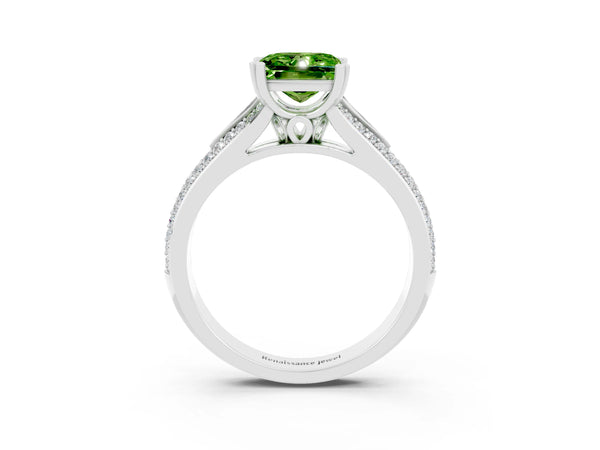 Silver Princess Cut Peridot Split Shank Engagement Ring with Pavé Band
