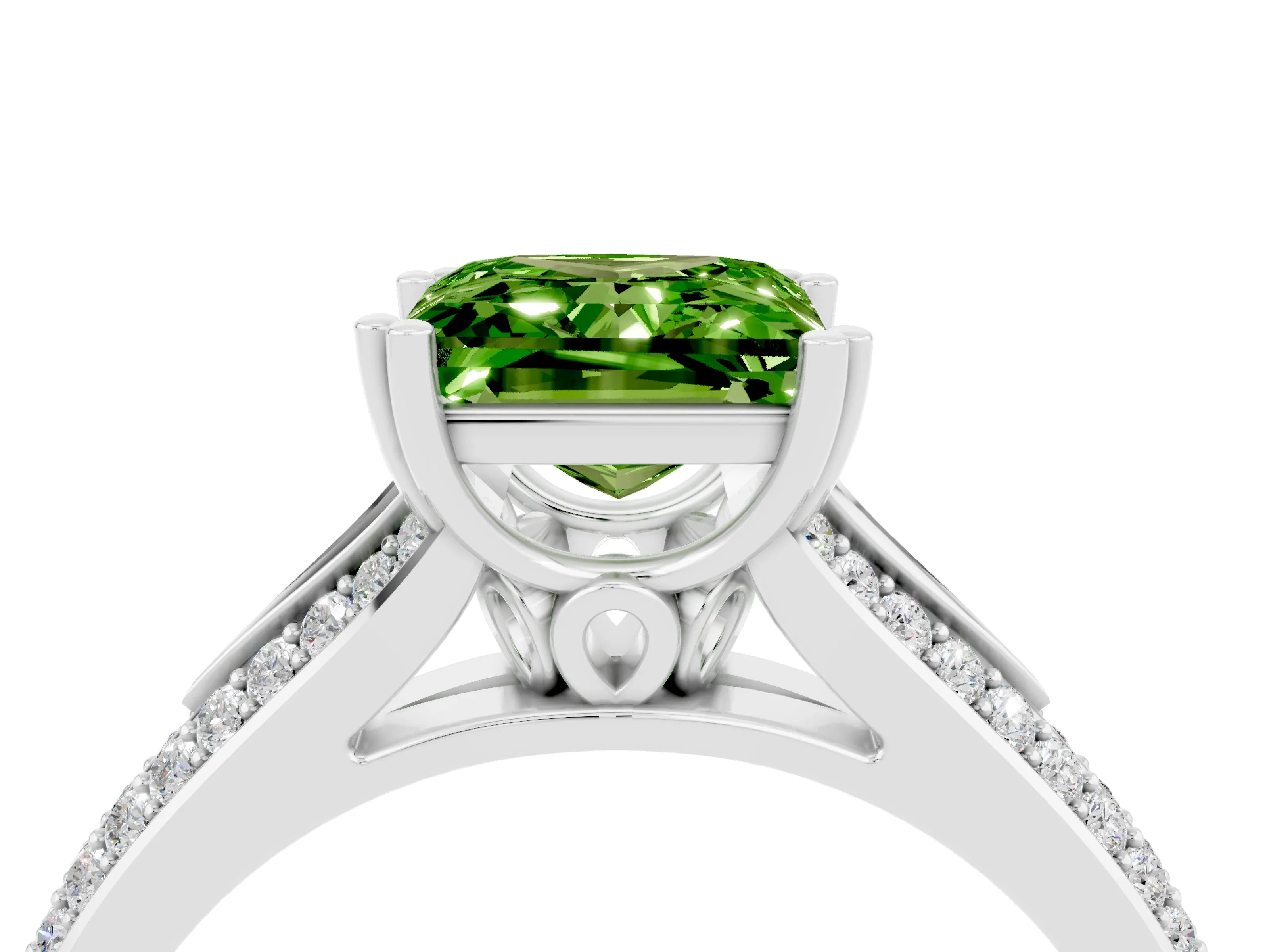 White gold Princess Cut Peridot Split Shank Engagement Ring with Pavé Band_4