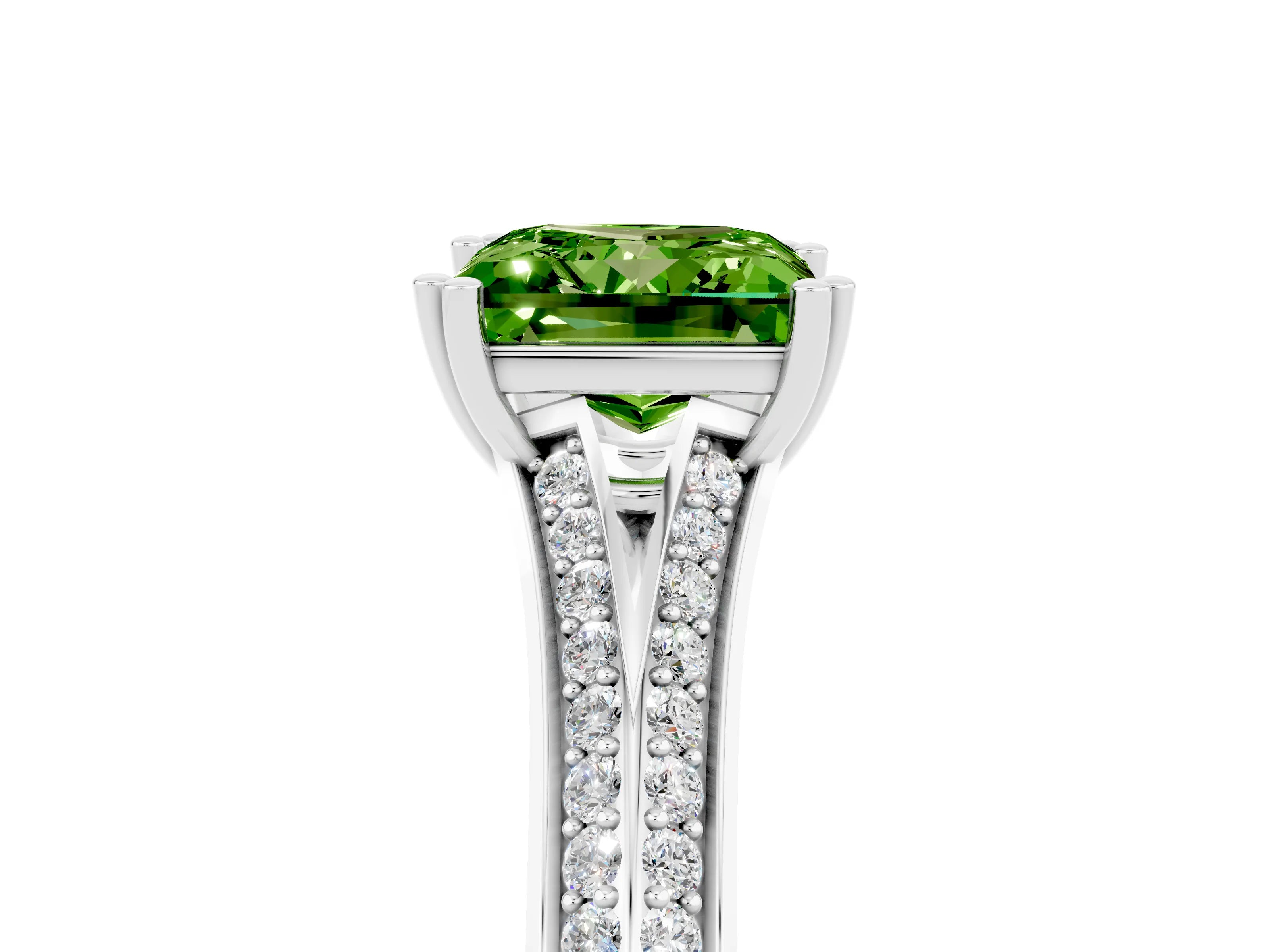 White gold Princess Cut Peridot Split Shank Engagement Ring with Pavé Band_5
