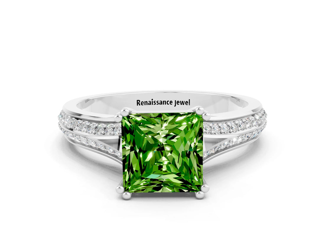 White gold Princess Cut Peridot Split Shank Engagement Ring with Pavé Band