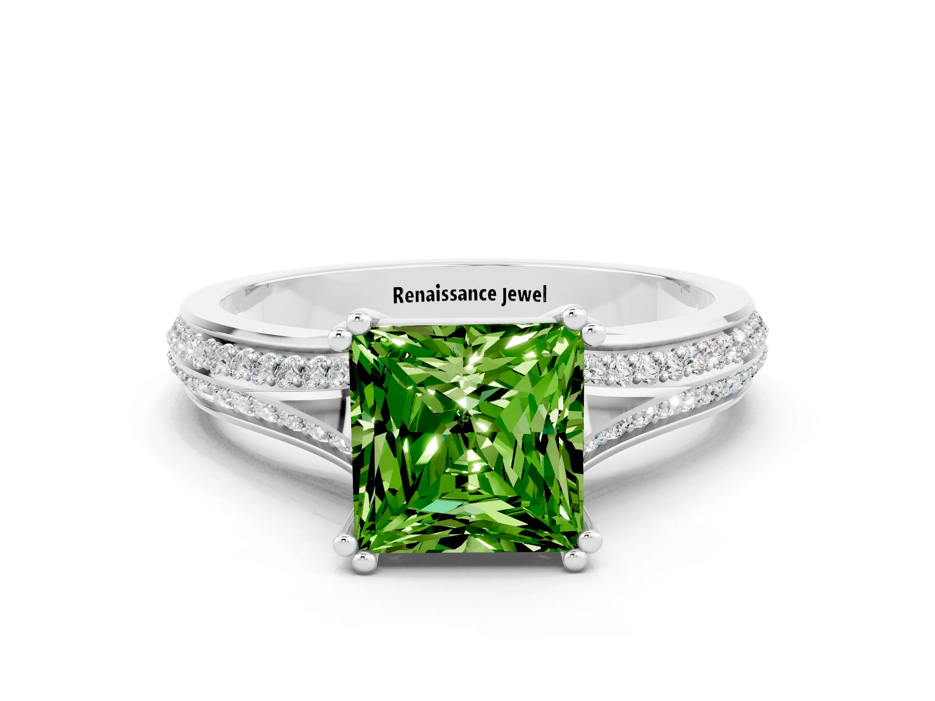White gold Princess Cut Peridot Split Shank Engagement Ring with Pavé Band