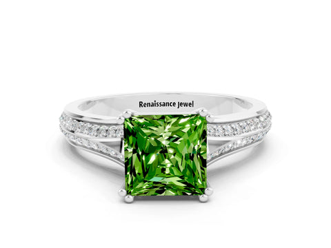 White gold Princess Cut Peridot Split Shank Engagement Ring with Pavé Band