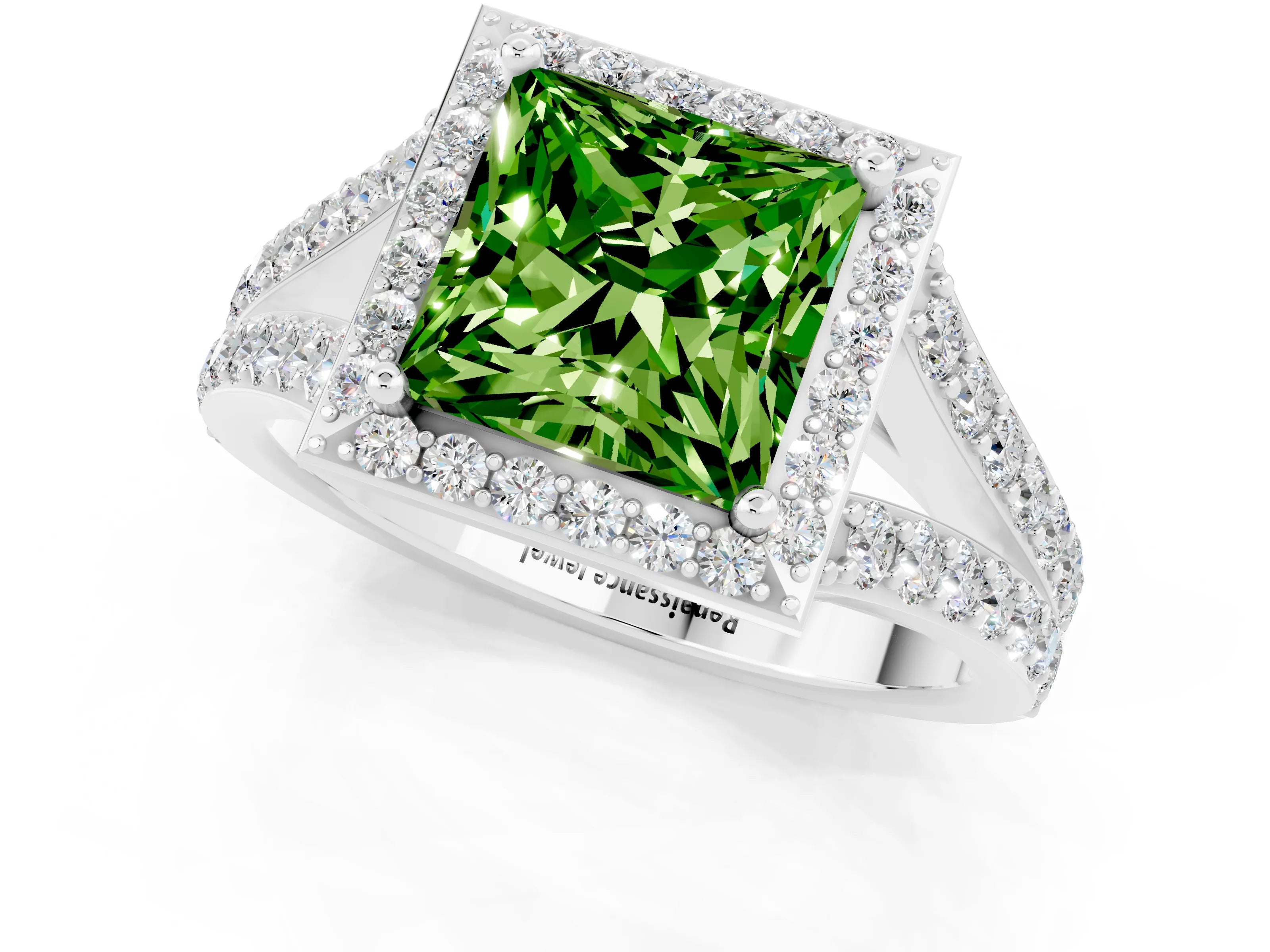 White gold Princess Cut Peridot Split Shank Halo Ring with Four-Prong Setting_61