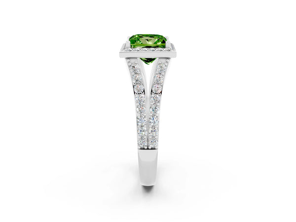 Silver Princess Cut Peridot Split Shank Halo Ring with Four-Prong Setting
