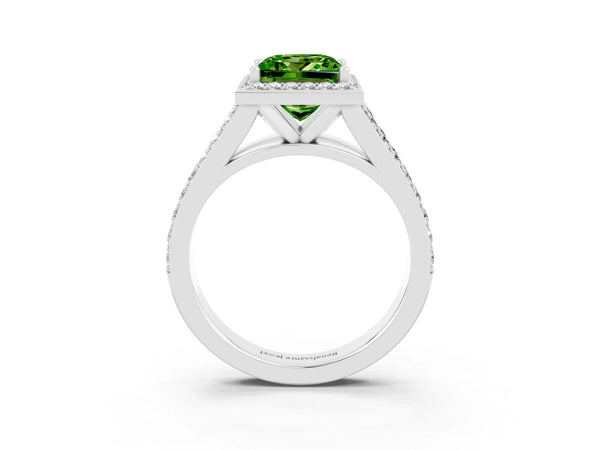 Platinum Princess Cut Peridot Split Shank Halo Ring with Four-Prong Setting