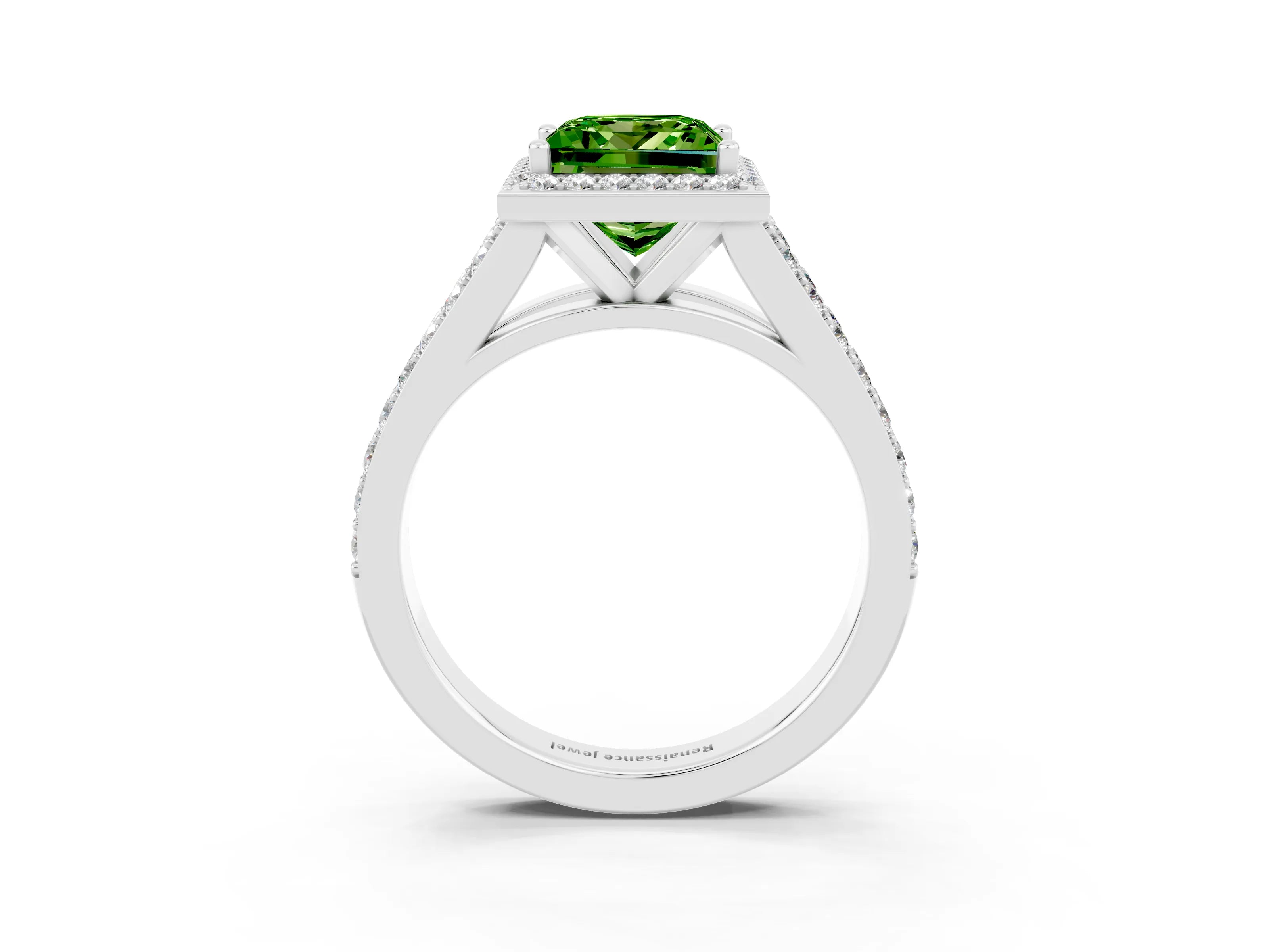 White gold Princess Cut Peridot Split Shank Halo Ring with Four-Prong Setting_63
