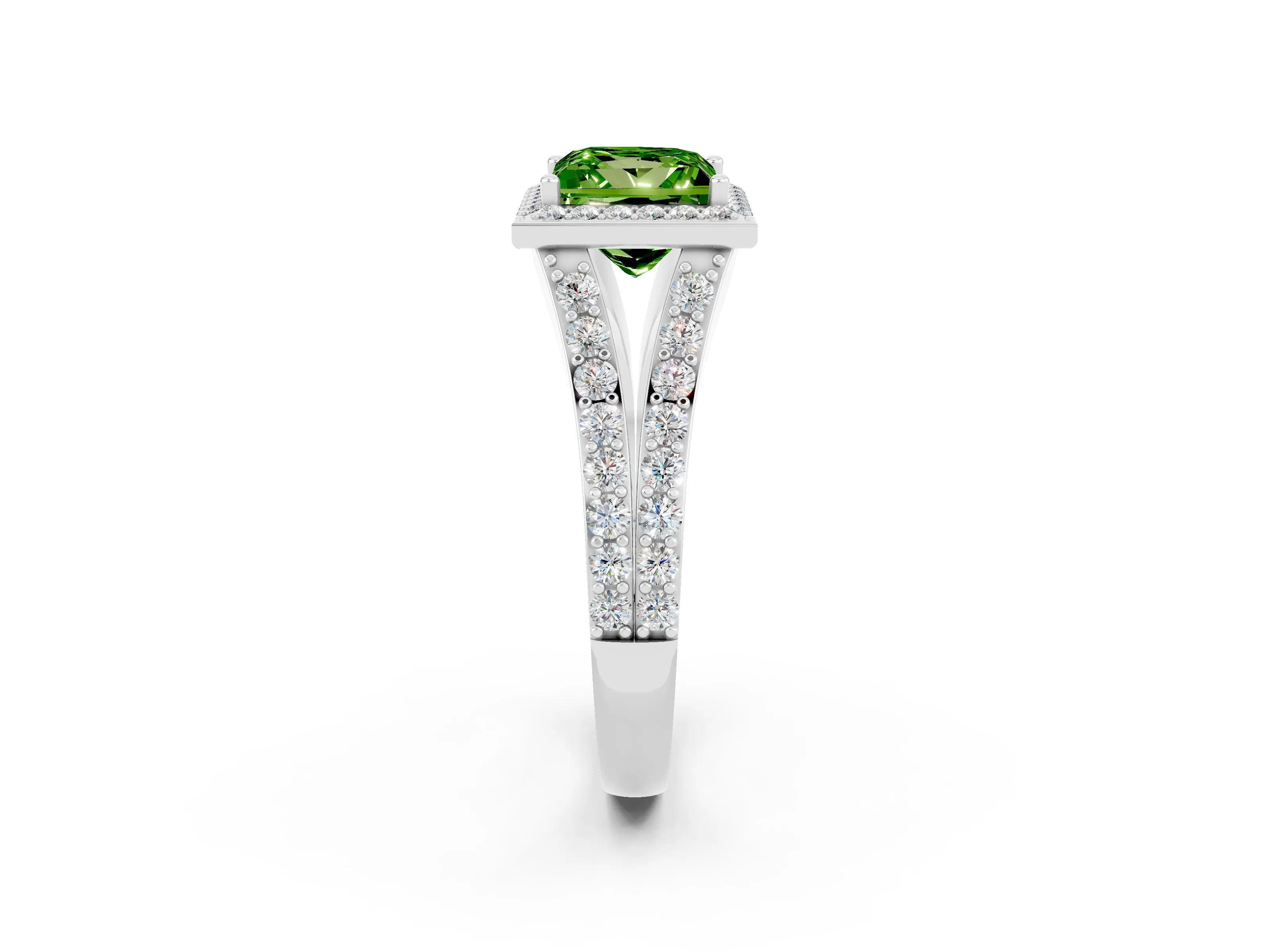 White gold Princess Cut Peridot Split Shank Halo Ring with Four-Prong Setting_63