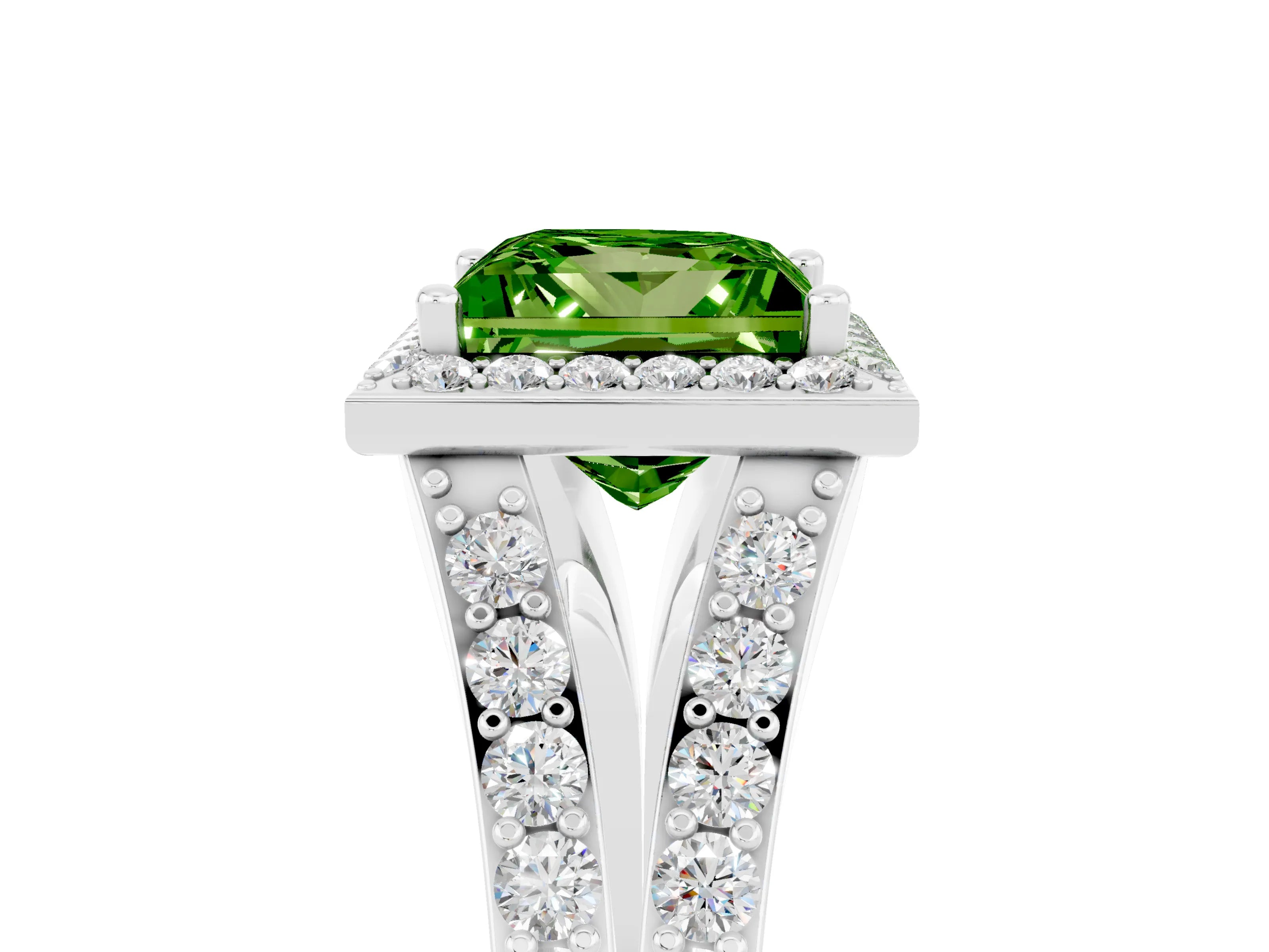 White gold Princess Cut Peridot Split Shank Halo Ring with Four-Prong Setting_65