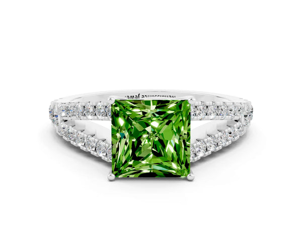 Platinum Princess Cut Peridot Split Shank Pavé Engagement Ring with Four-Prong Setting