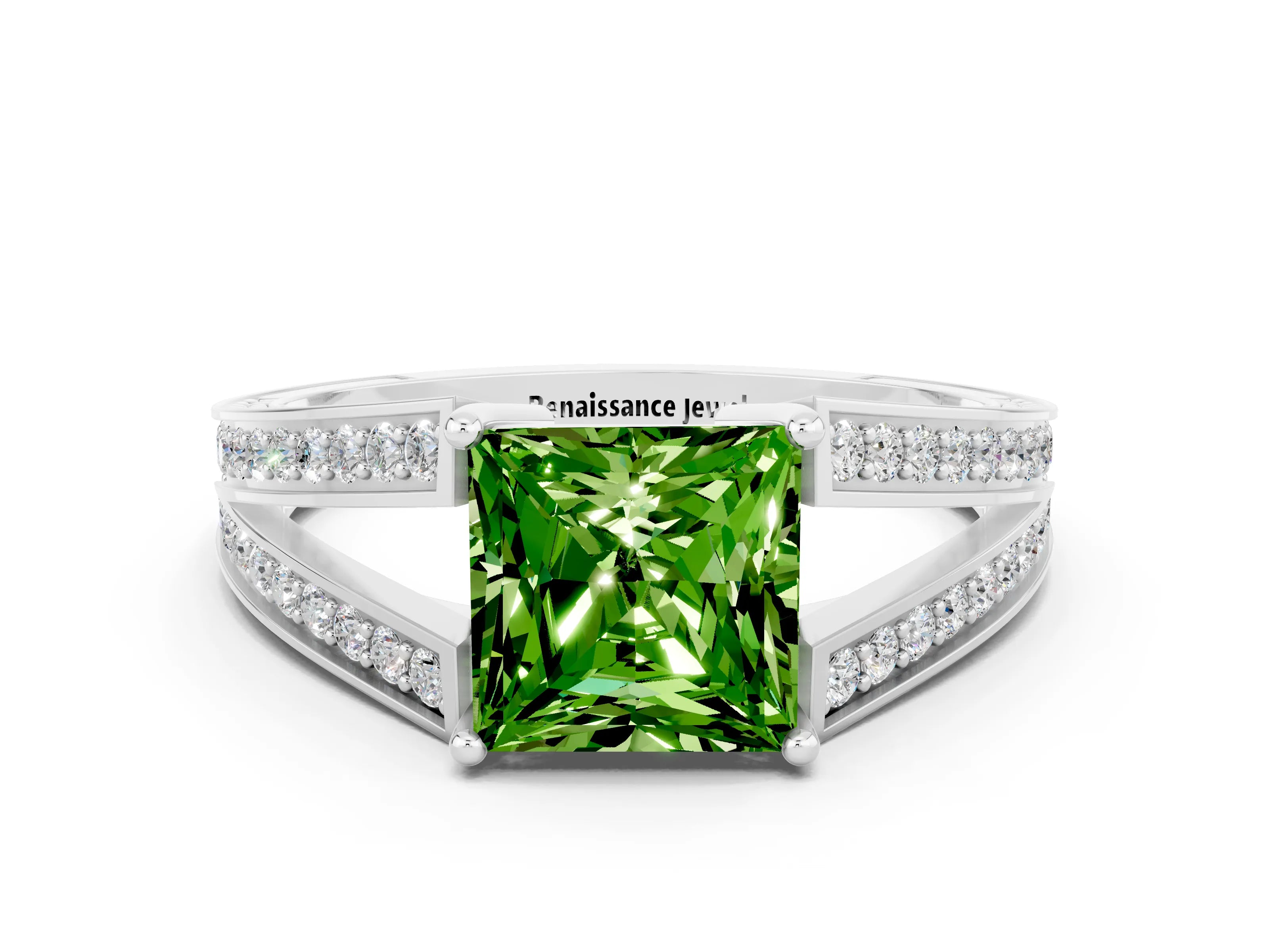 White gold Princess Cut Peridot Split Shank Ring with Pavé Band and Four-Prong Setting