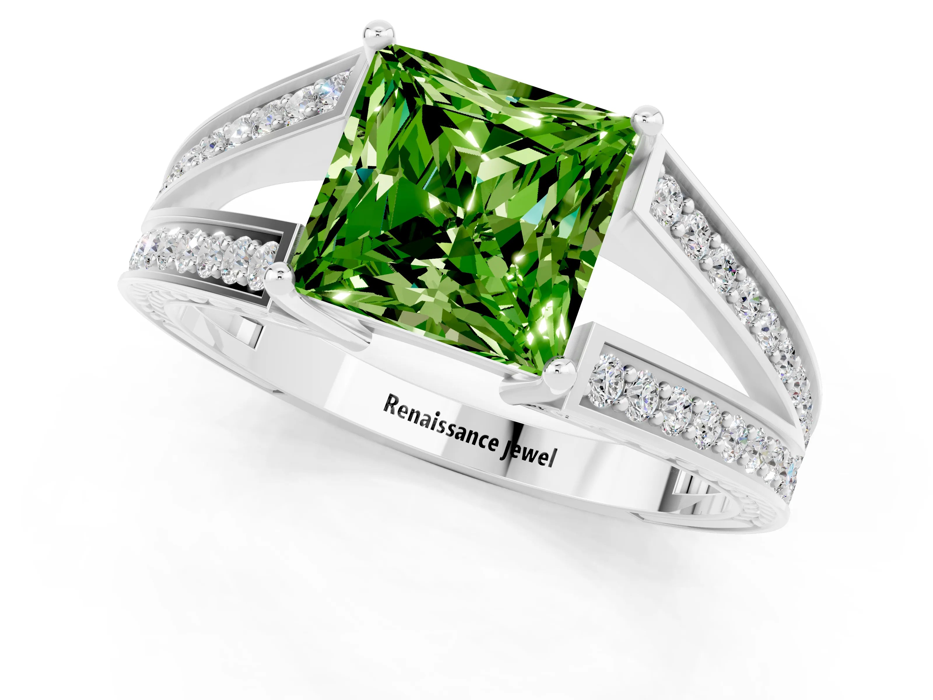 White gold Princess Cut Peridot Split Shank Ring with Pavé Band and Four-Prong Setting_1