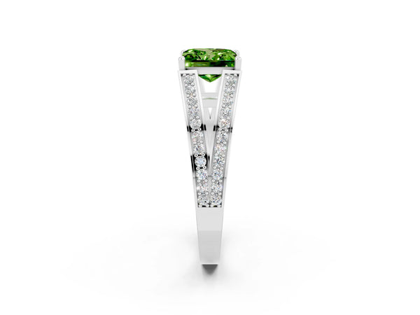 White gold Princess Cut Peridot Split Shank Ring with Pavé Band and Four-Prong Setting