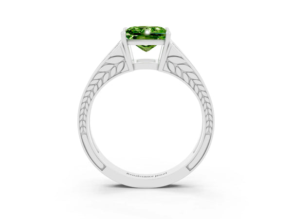 Platinum Princess Cut Peridot Split Shank Ring with Pavé Band and Four-Prong Setting