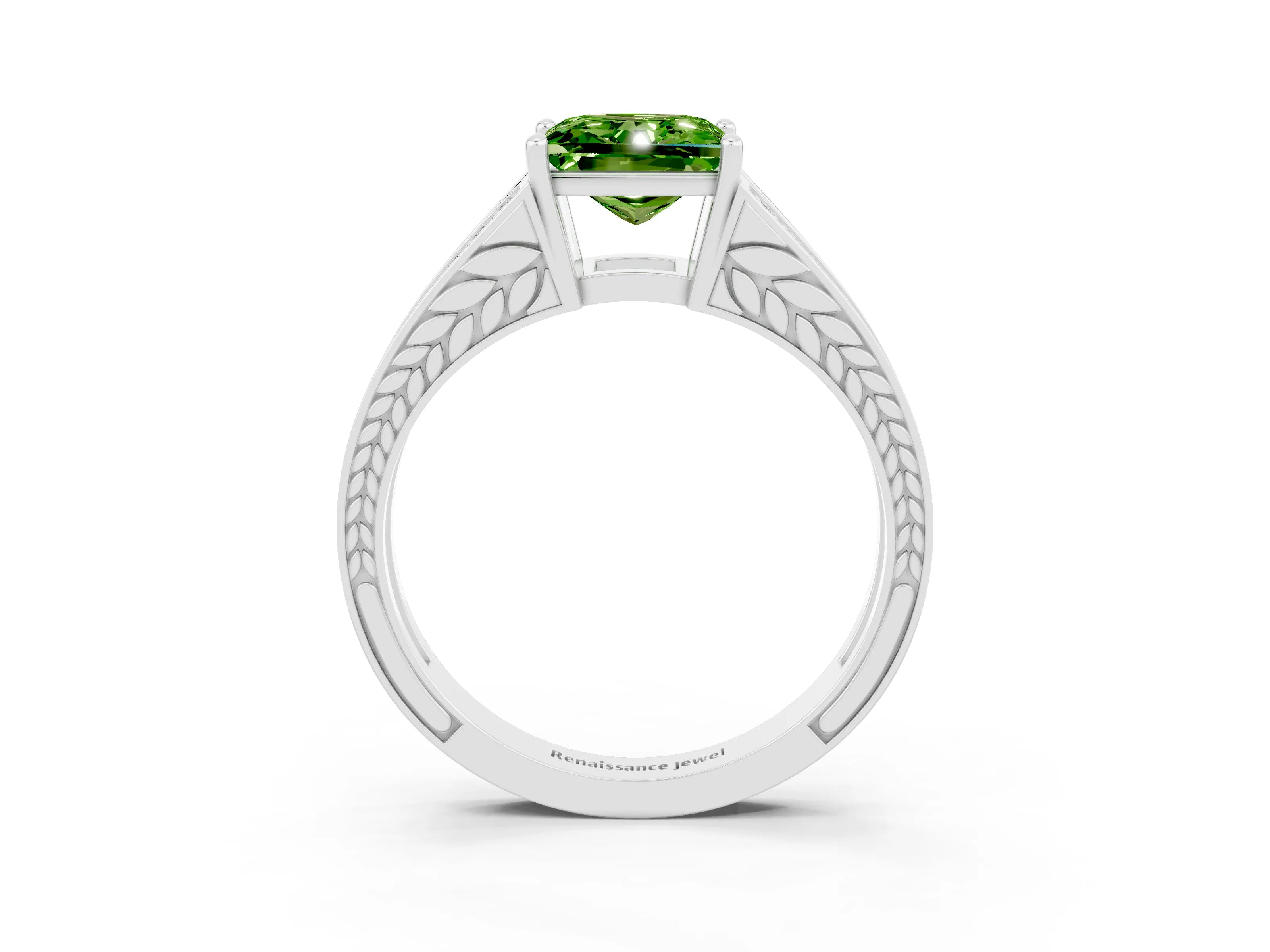 White gold Princess Cut Peridot Split Shank Ring with Pavé Band and Four-Prong Setting_3