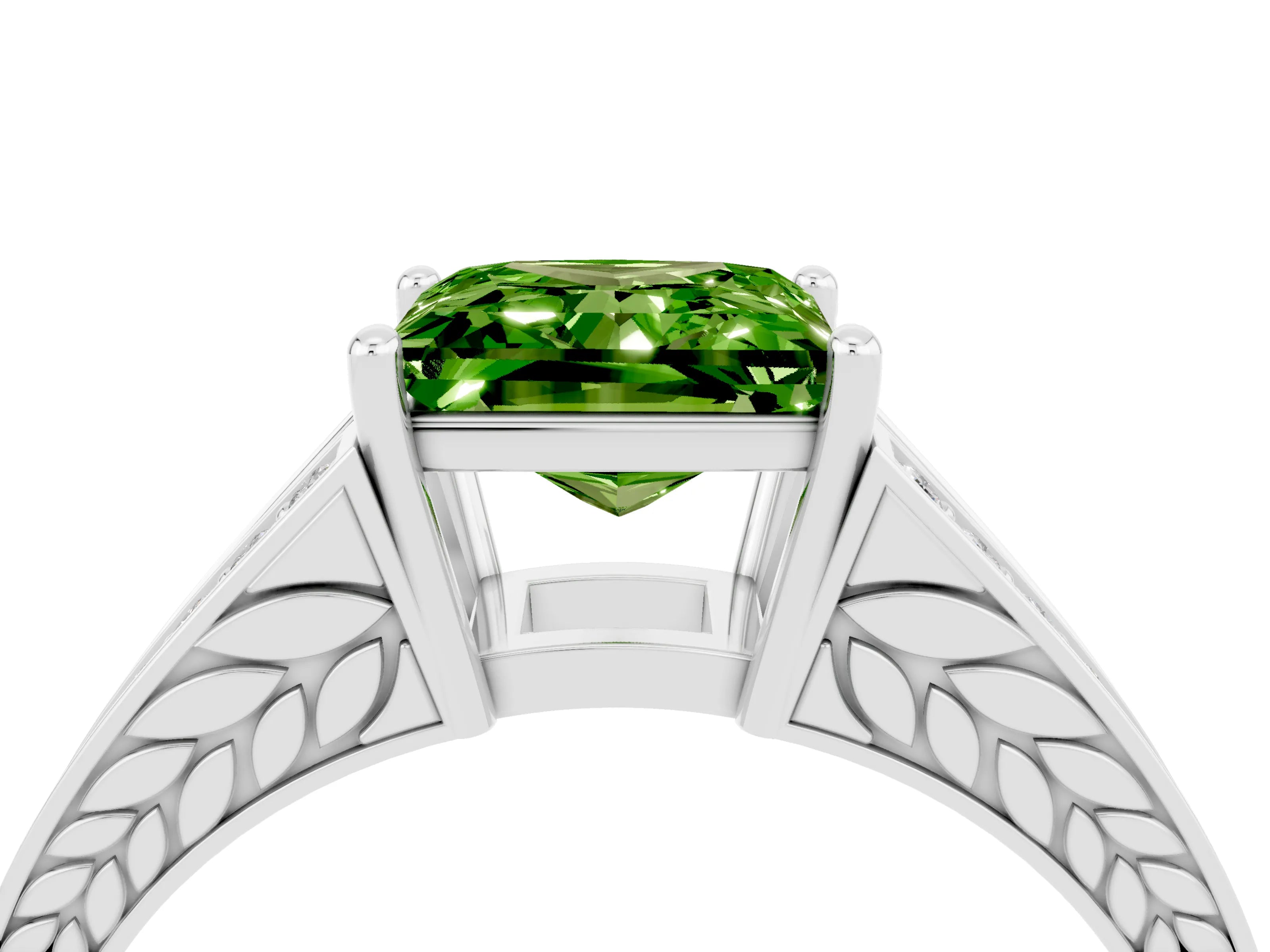 White gold Princess Cut Peridot Split Shank Ring with Pavé Band and Four-Prong Setting_4