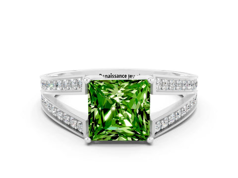 White gold Princess Cut Peridot Split Shank Ring with Pavé Band and Four-Prong Setting