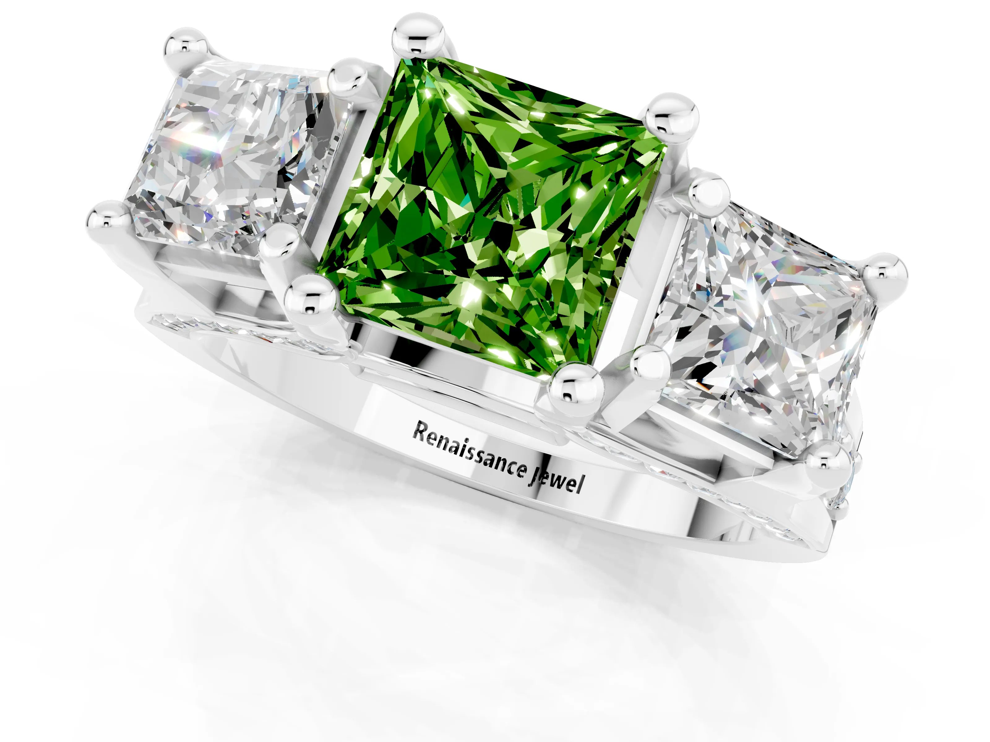 White gold Princess Cut Peridot Three-Stone Ring with Channel Set Band and Four-Prong Setting_1