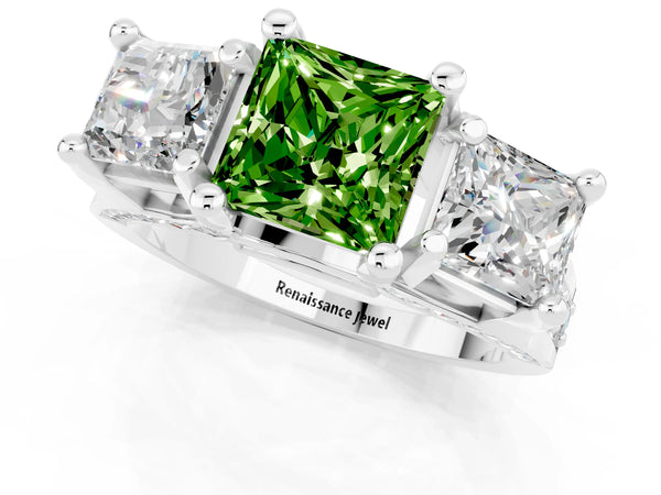 Silver Princess Cut Peridot Three-Stone Ring with Channel Set Band and Four-Prong Setting